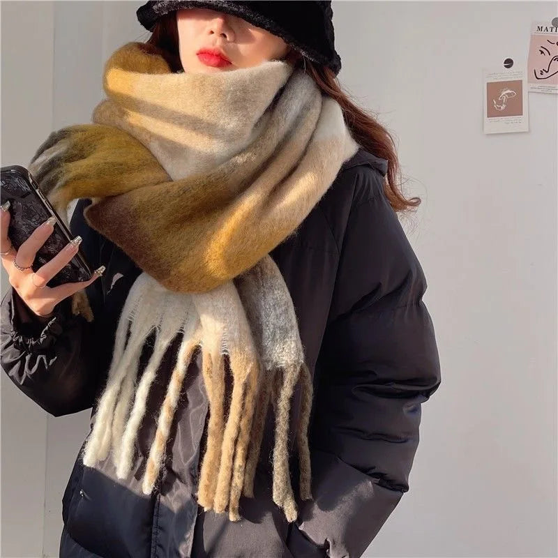 Plaid Winter Scarf with Fringes for Women
