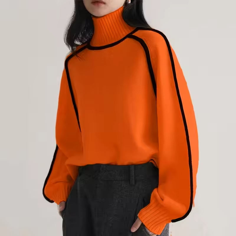 Warm Knitted Turtleneck for Women with Stripe Detail