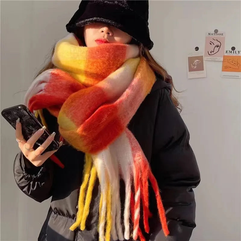 Plaid Winter Scarf with Fringes for Women