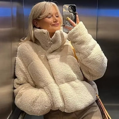 Beige Teddy Bomberjack Zacht Warm met Zakken Dames