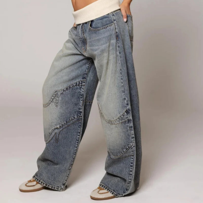 Damskie modne luźne jeansy wide leg z prążkowanym paskiem w talii