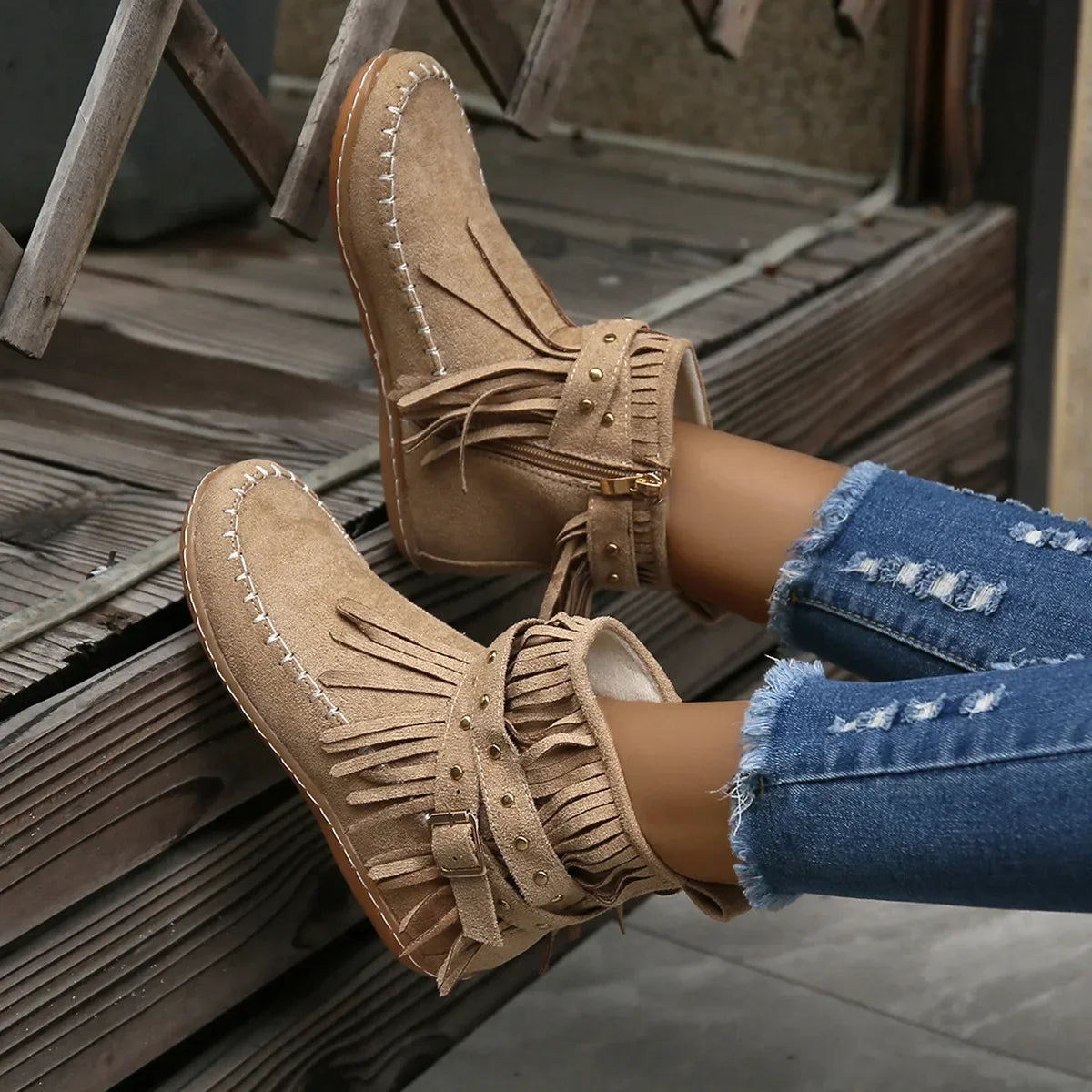 Women's Playful Suede Ankle Boots with Fringes and Studs