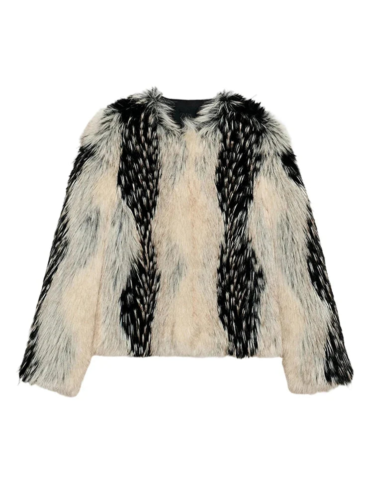 Solayne faux fur jas zwart crème – close-up vooraanzicht