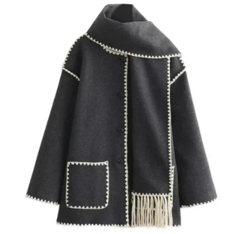 Stijlvolle Warme Oversized Wollen Winterjas met Sjaal en Zakken Dames
