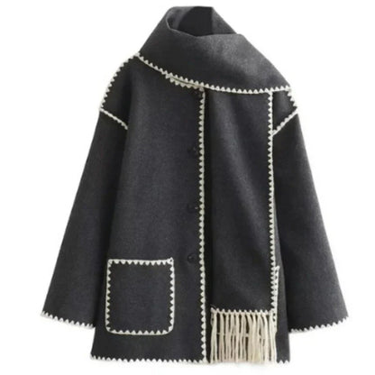Stijlvolle Warme Oversized Wollen Winterjas met Sjaal en Zakken Dames