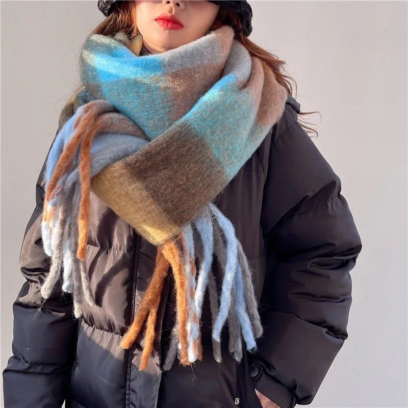 Plaid Winter Scarf with Fringes for Women