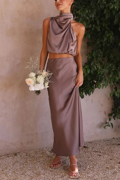 Leila - Satijnen halter maxi jurk