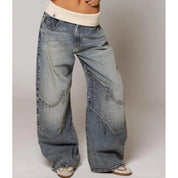 Damskie modne luźne jeansy wide leg z prążkowanym paskiem w talii