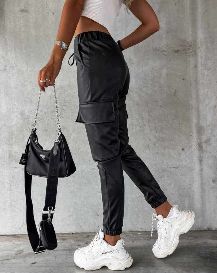 Zwarte Leerlook Cargo Broek Voor Vrouwen Hoge Taille Elastische Boorden