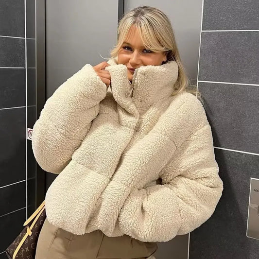 Beige Teddy Bomberjack Zacht Warm met Zakken Dames