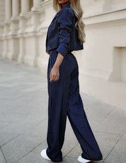 Dames Gestreepte Co-ord Set Korte Blazer En Wijde Broek