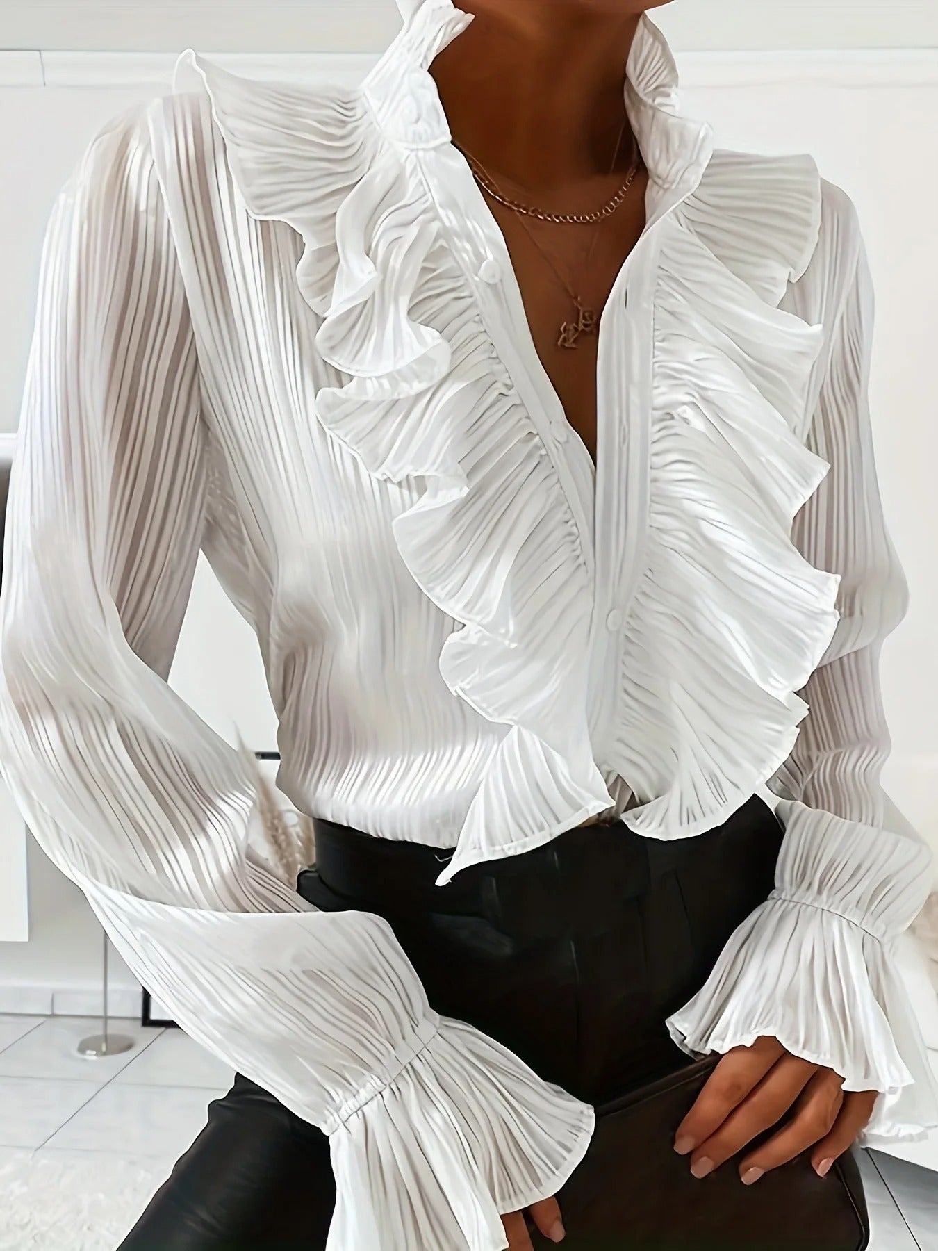 White Elegant Blouse with Ruffles Long Sleeves for Women
