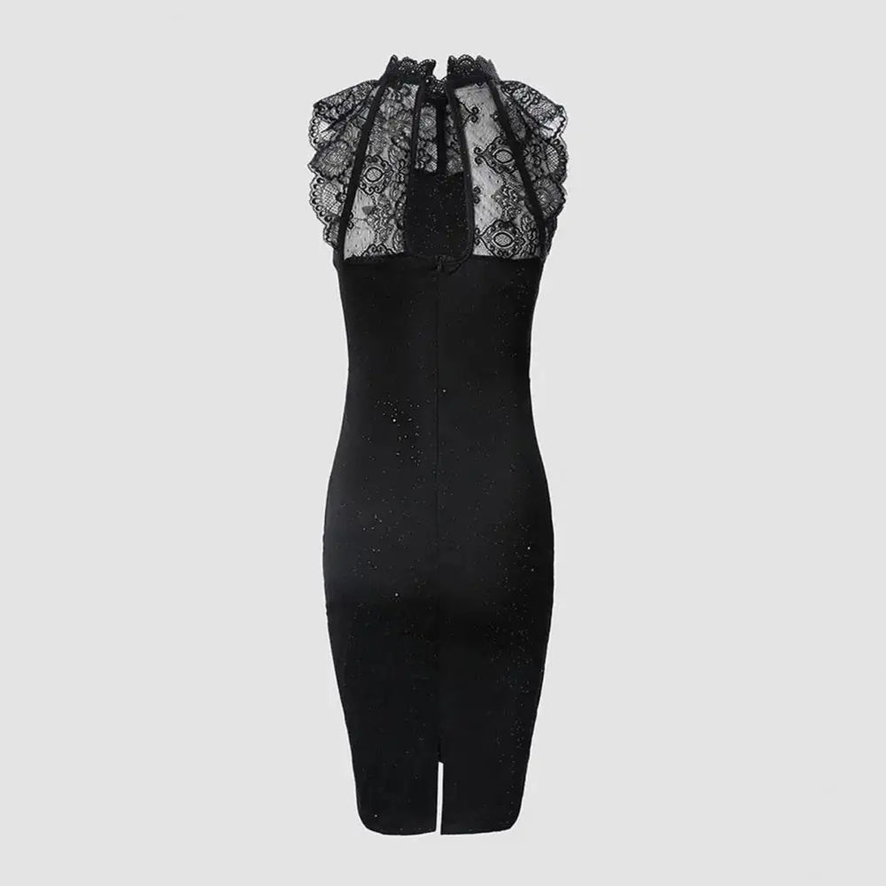 Elegante Zwarte Vrouwen Glitter Mini Cocktailjurk Kant Hals