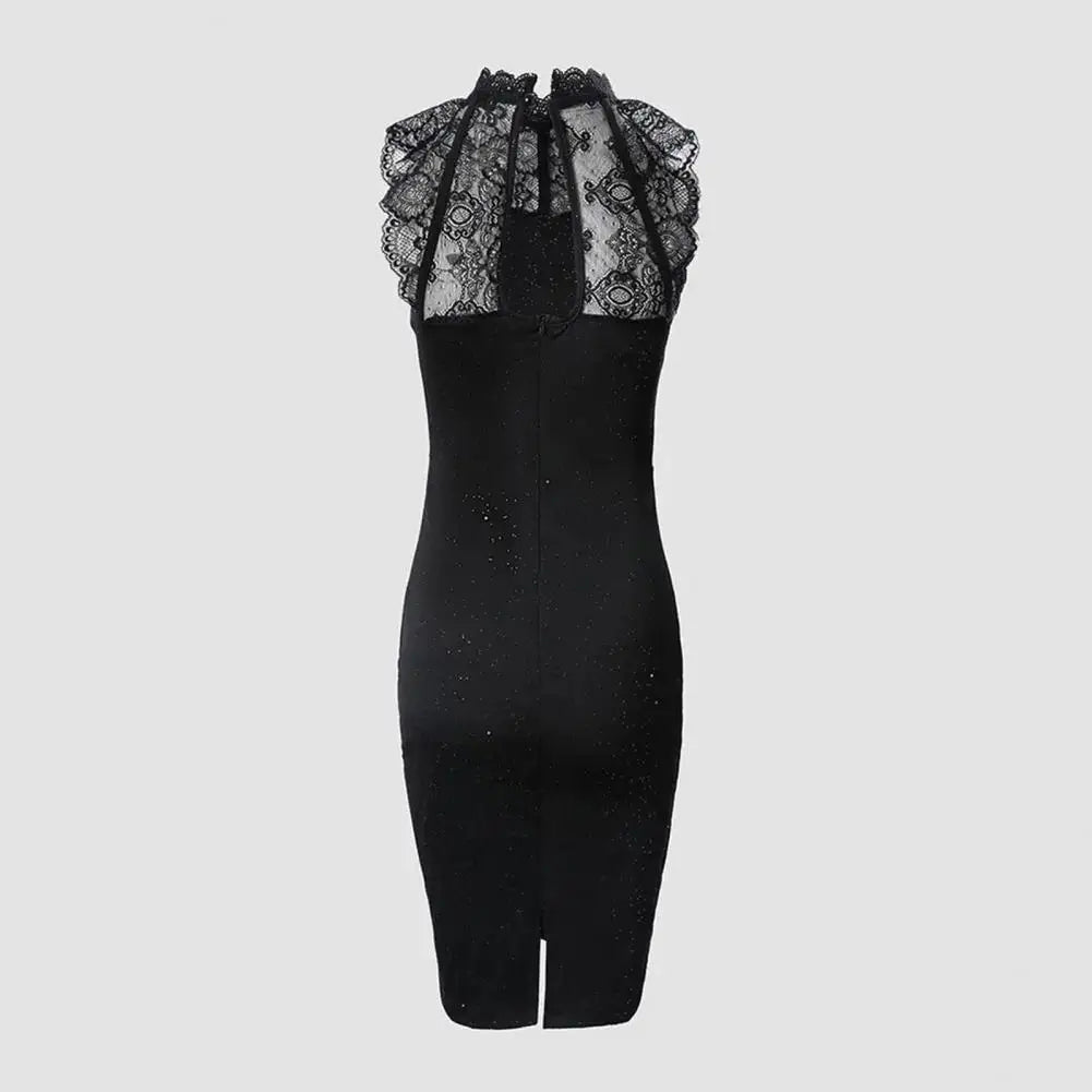 Elegante Zwarte Vrouwen Glitter Mini Cocktailjurk Kant Hals