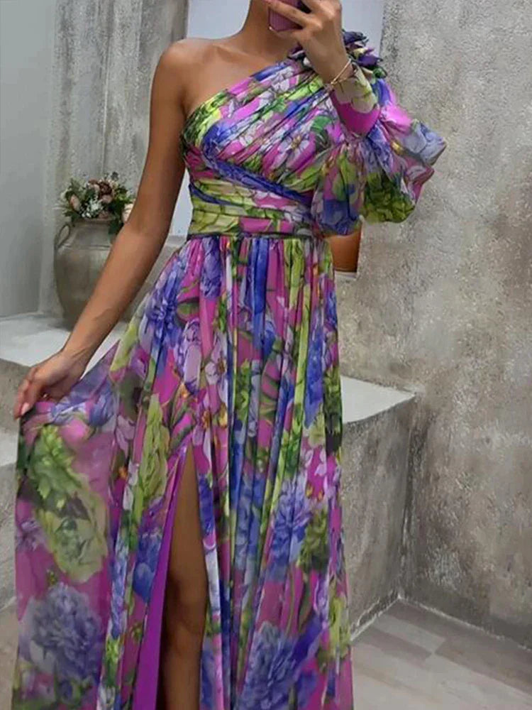 Purple Maxi Dress With One Shoulder And Floral Print