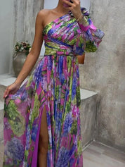 Purple Maxi Dress With One Shoulder And Floral Print