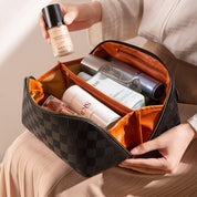 Luxe Geruite Make-up Tas Voor Dames Met Rits En Handvat