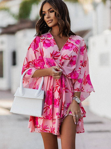 joyce pink floral mini dress Option 1:US 2 NOVA | Women's Elegant lantern sleeve The bias cut skirt