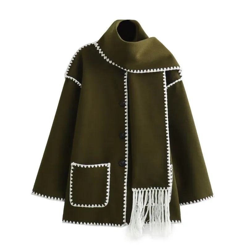 Stijlvolle Warme Oversized Wollen Winterjas met Sjaal en Zakken Dames