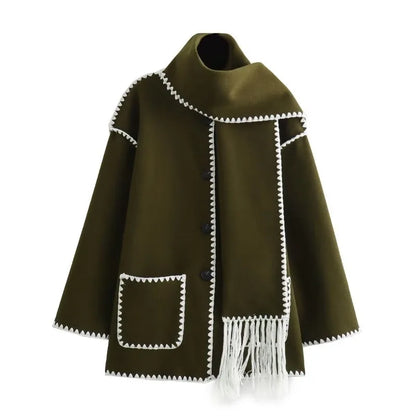 Stijlvolle Warme Oversized Wollen Winterjas met Sjaal en Zakken Dames