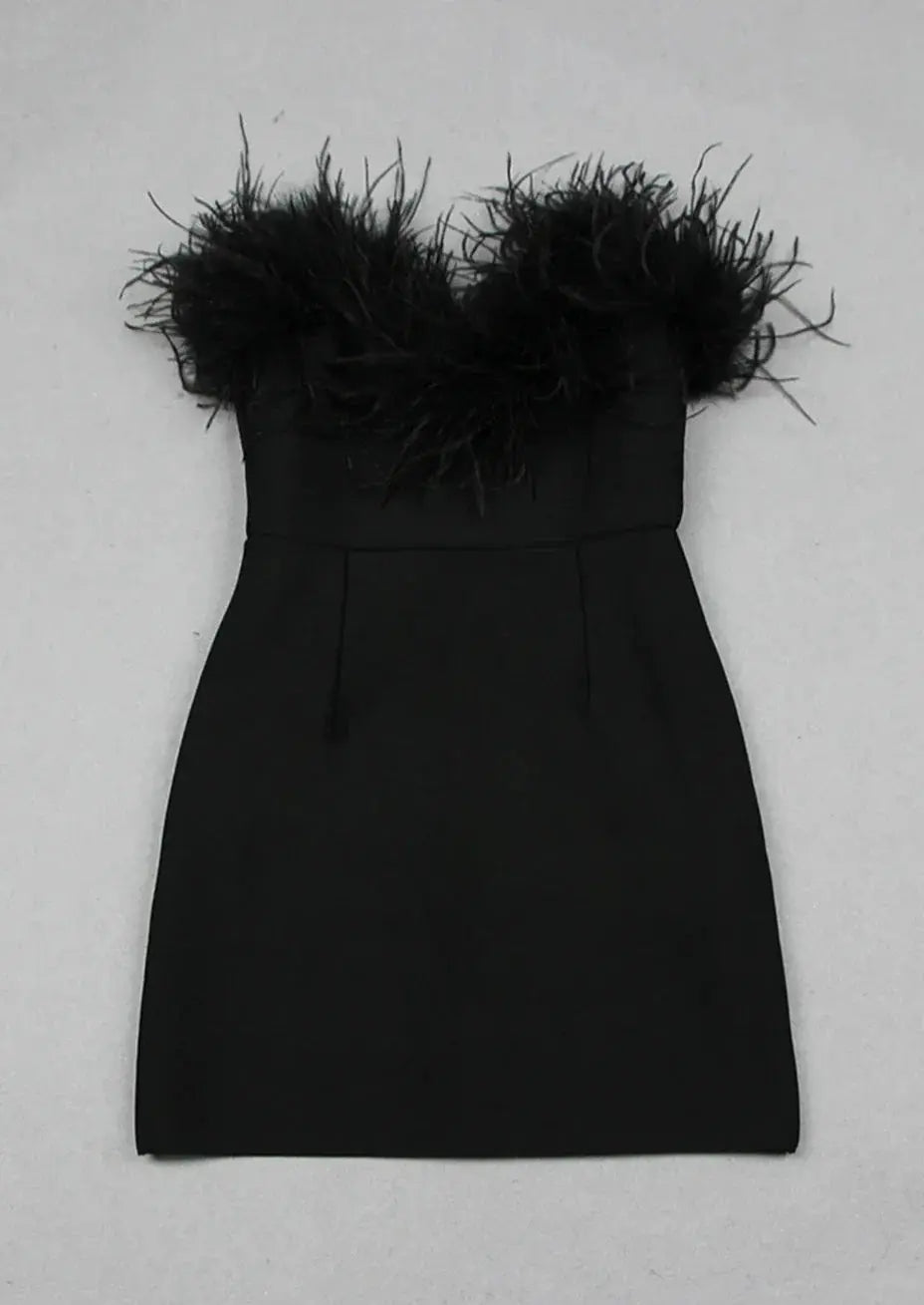 Zwarte Strapless Mini Jurk met Veren Bodycon Feestjurk voor Dames