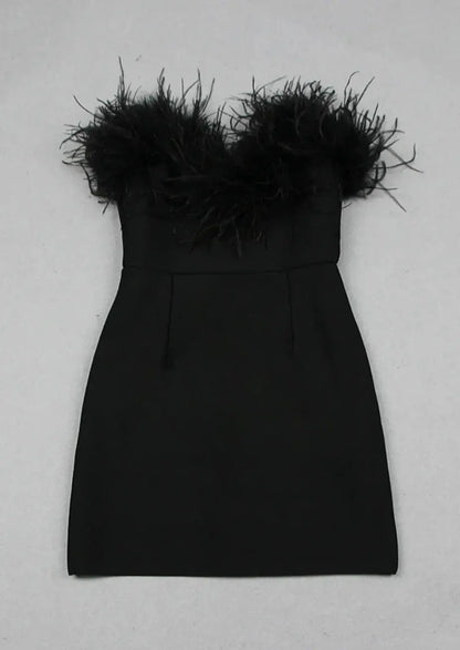Zwarte Strapless Mini Jurk met Veren Bodycon Feestjurk voor Dames