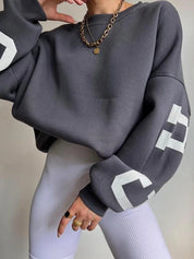 donkergrijze oversized sweatshirt met witte CHICAGO NEW YORK 2012 print achterop