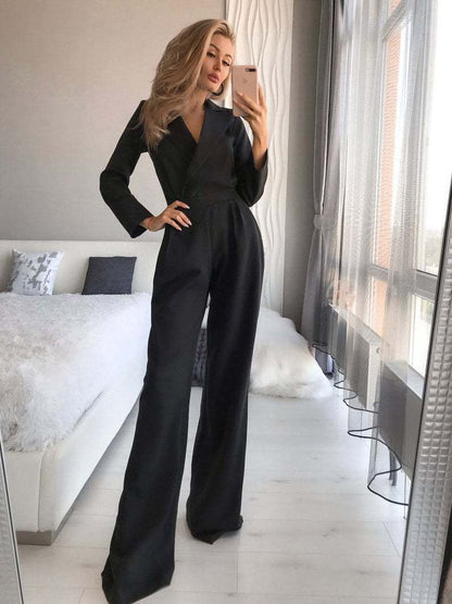 Elegante Overslag Met Lange Mouwen En Wijde Pijpen Dames Jumpsuit