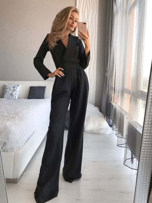 Elegante Overslag Met Lange Mouwen En Wijde Pijpen Dames Jumpsuit