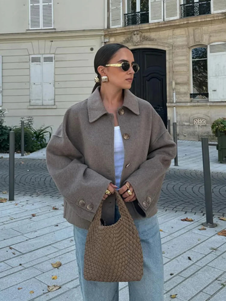 Oversized Luxe Wollen Korte Winterjas Vrouwen