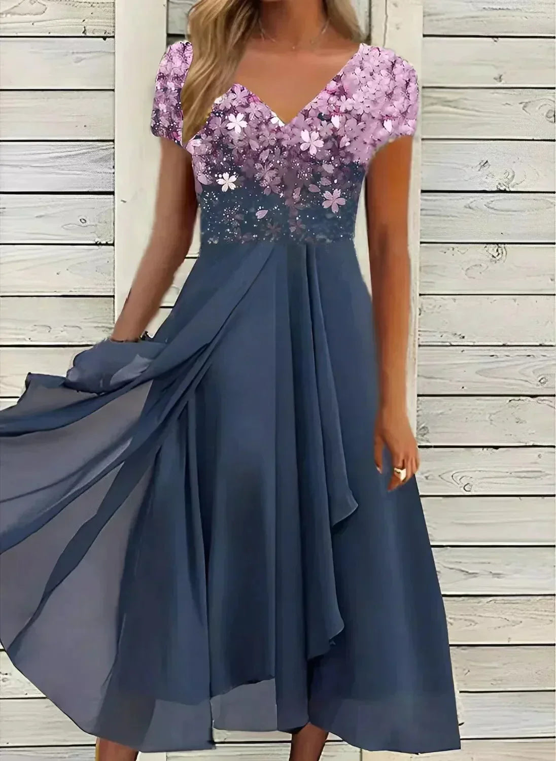 Midi Dress with Floral Print and V-Neck