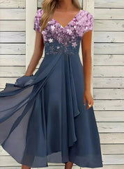 Midi Dress with Floral Print and V-Neck