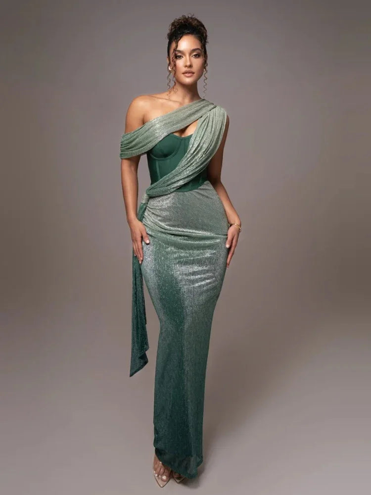 Robe de gala brillante une épaule avec fente longue robe de soirée pour femmes