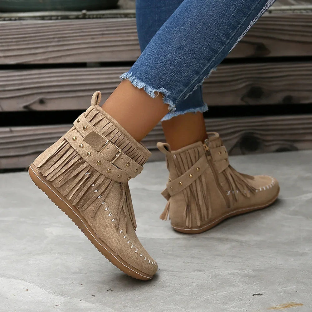 Women's Playful Suede Ankle Boots with Fringes and Studs