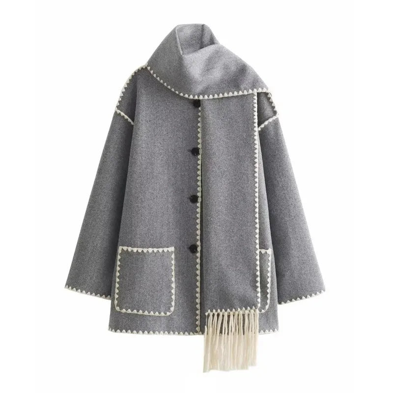 Stijlvolle Warme Oversized Wollen Winterjas met Sjaal en Zakken Dames