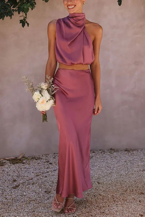 Leila - Satijnen halter maxi jurk