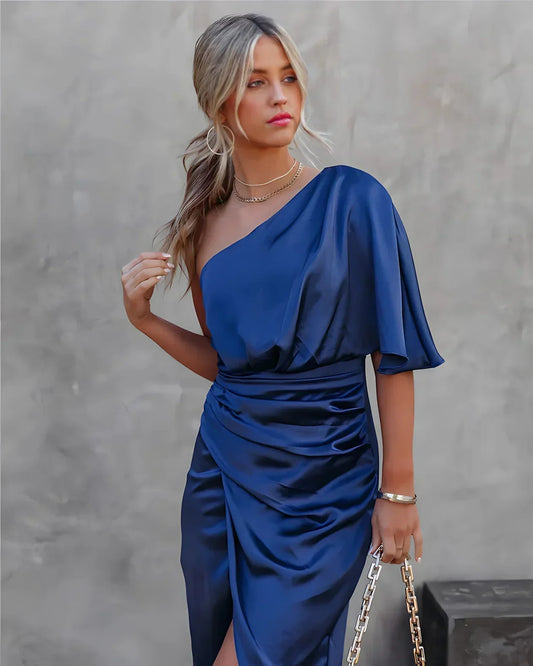 Anouk - Off-Shoulder Satijnen Midi-Jurk met Drapage