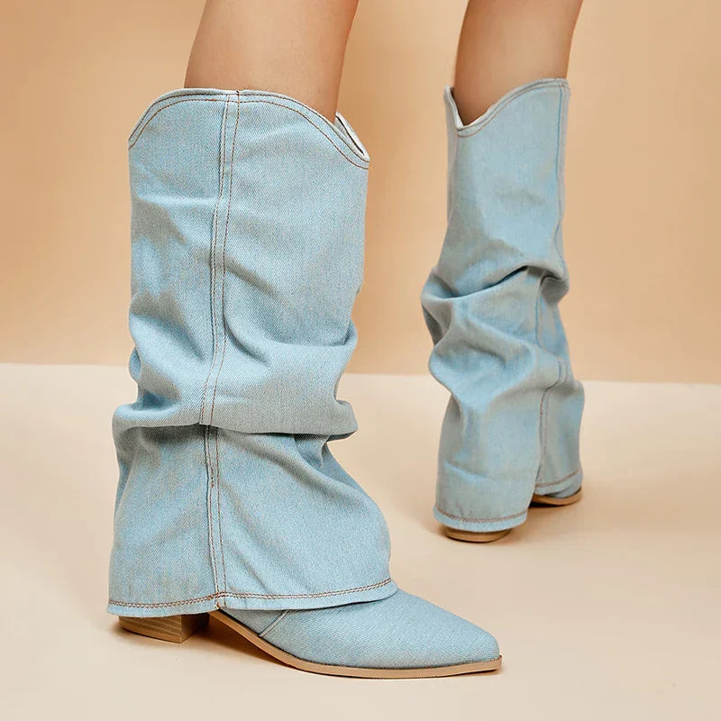 Dames Denim Cowboy Laarzen Hoge Western Puntneus