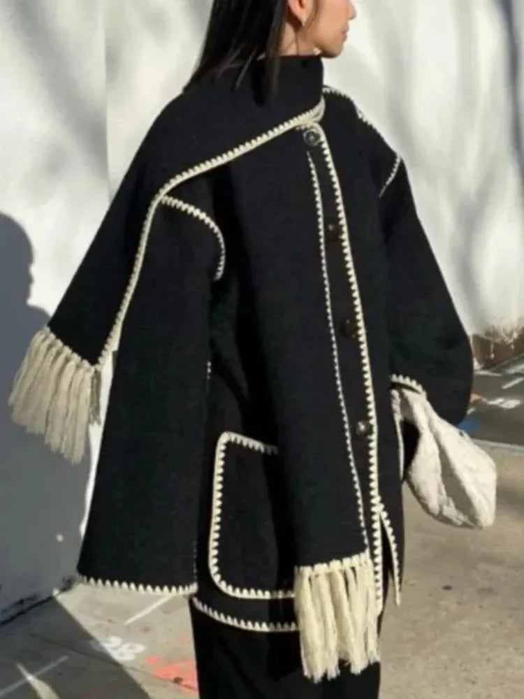 Stijlvolle Warme Oversized Wollen Winterjas met Sjaal en Zakken Dames