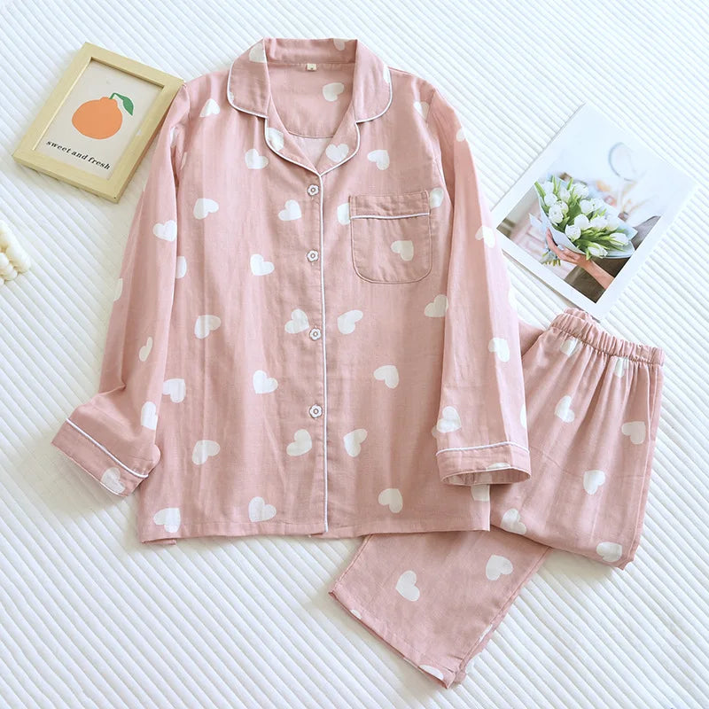 Dames Pyjama Set Lange Mouwen Broek Hartjes