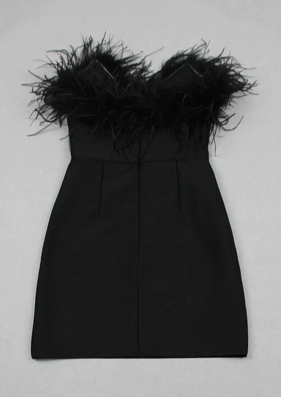 Zwarte Strapless Mini Jurk met Veren Bodycon Feestjurk voor Dames