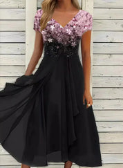 Midi Dress with Floral Print and V-Neck