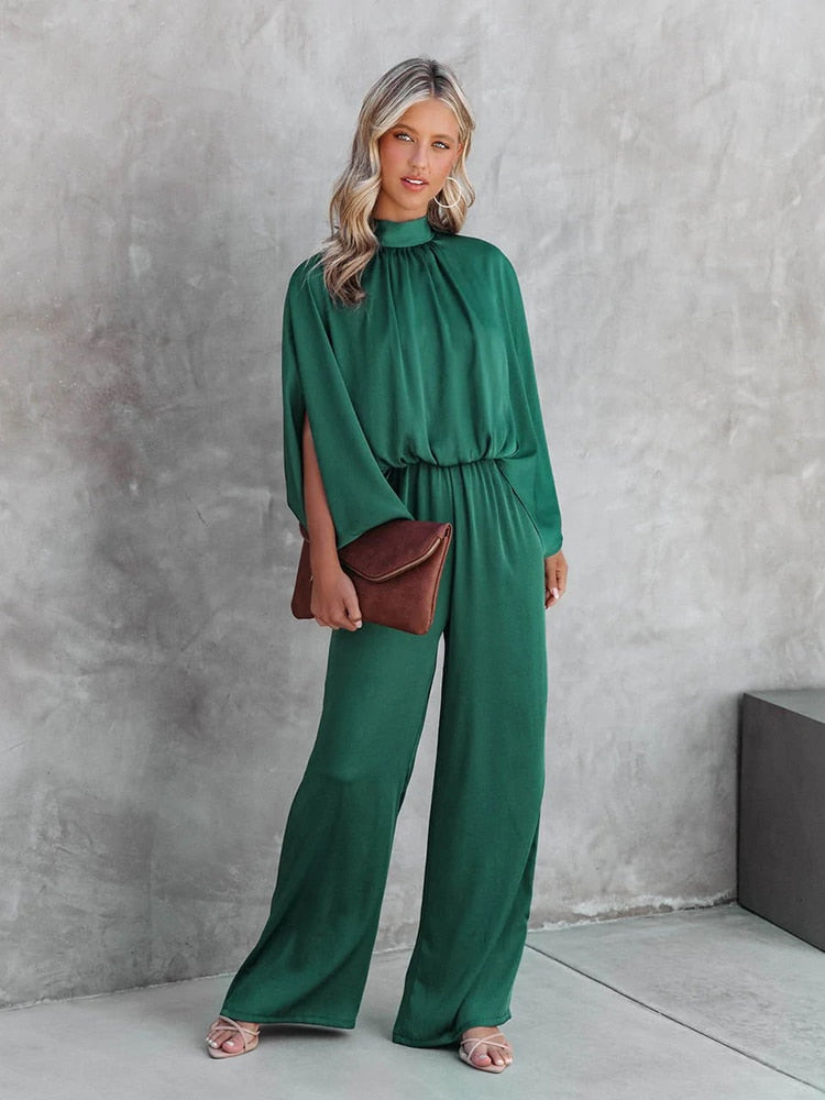 Elegant Wide-Leg Jumpsuit for Women with Cape Sleeves and Waistband