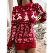 Knitted Christmas Sweater Dress with Reindeer Print, Long Sleeves, Winter, for Women