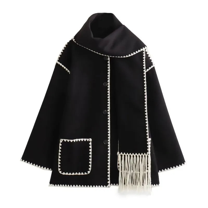 Stijlvolle Warme Oversized Wollen Winterjas met Sjaal en Zakken Dames