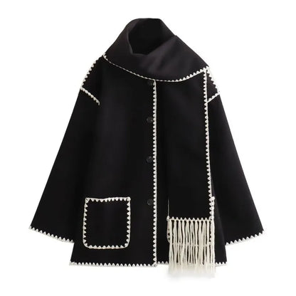 Stijlvolle Warme Oversized Wollen Winterjas met Sjaal en Zakken Dames