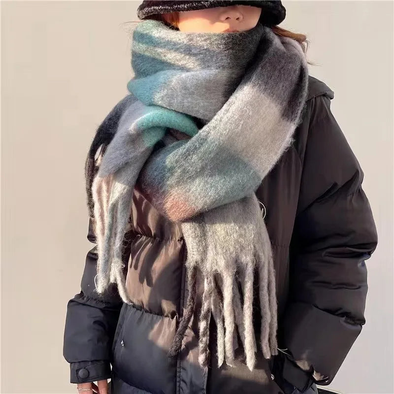 Plaid Winter Scarf with Fringes for Women