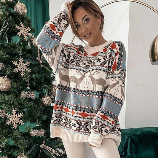Warme Gebreide Kersttrui met Rendier Motief Oversized voor Vrouwen