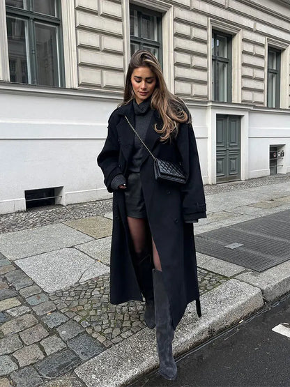Zwarte Oversized Elegante Wollen Manteljas Dames