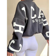 donkergrijze oversized sweatshirt met witte CHICAGO NEW YORK 2012 print achterop